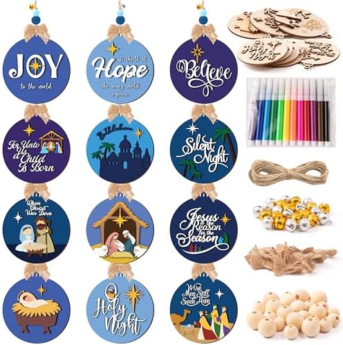 WATINC DIY 3D Christmas Ornaments Kit to Paint - 12 Styles Unfinished Wooden Hanging Decor with Raised Designs, Includes Paint Pens, Bells, Bows & Beads, Xmas Tree Crafts for Kids & Adults(Nativity) by WATINC