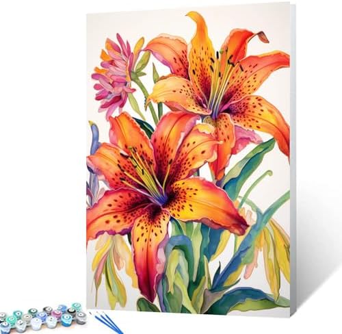 Aihonmin Lilium Flower Paint by Number for Adult and Kids Beginner,Floral Canvas Oil Painting Kit Digital Painting,Vintage Watercolor Living Room Decoration,(Without Frame by Aihonmin