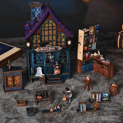 Halloween Book Nook Kit with LED, DIY Miniature House Dollhouse Kit for Adults and Teens, 3D Wooden Puzzle Booknook Tiny House Bookshelf Halloween Decorations, Gift for Family, Friends - Image 6