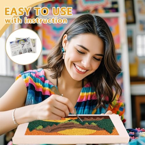 DOODLREAM Camping Bear Needle Kit for Beginner, 9.4"x 9.4" Mountain Tent Punch Stitching Craft Set, DIY Embroidery Starter with Printed Frame, Instruction, Threader, Yarn, Pinch Needle - Image 3
