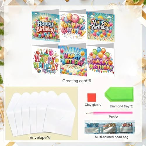 jinglinhh 6pcs Happy Birthday Diamond Art Painting Greeting Cards with Envelopes, DIY Card Making Kits for Adults, Diamond Art Postcards Christmas Cards Craft Gifts - Image 3