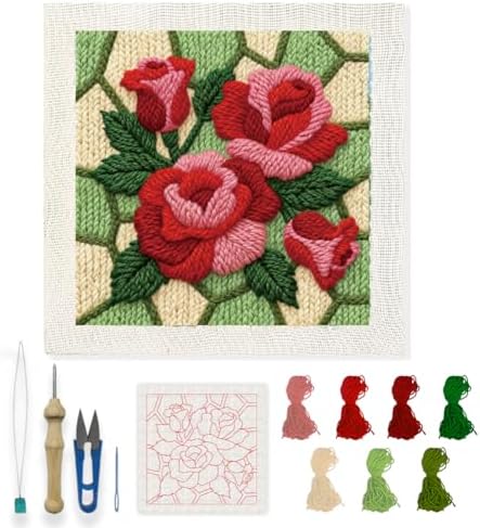 INFUNLY Roses Punch Needle Kit Square 9.4 Inches DIY Embroidery Punch Needle Set for Adults Red Pink Flowers Punches Stitching Starter Kits with Easy to Follow Instructions Festival Gift Home Decor by INFUNLY