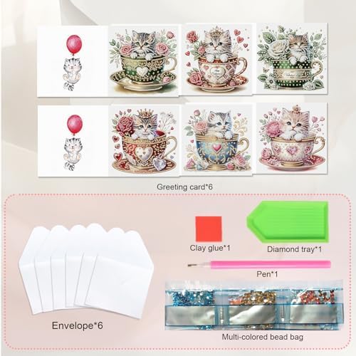 JISHSHAY 6 PCS Diamond Art Greeting Cards Cat Diamond Painting Birthday Cards Animal Gem Art Gem Painting Mosaic Kits for Adults for Thanksgiving Anniversary Valentine Graduation All-Occasion - Image 3