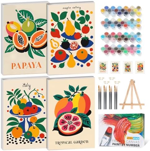 4 Pack Framed Paint by Numbers Kit for Adults, Tropical Fruit, 8 x 12 Inch by GEEHEIY