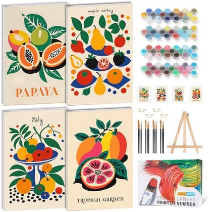 4 Pack Framed Paint by Numbers Kit for Adults, Tropical Fruit, 8 x 12 Inch by GEEHEIY