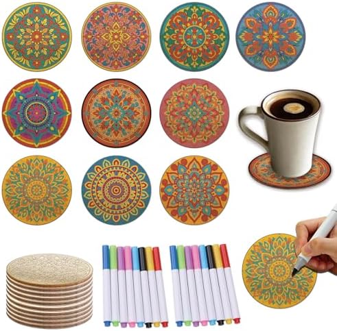 26PCS Wood Coasters Craft Kit 10 Paint You Own Coaster with 16 Markers Wooden Coasters Painting Set for Adults and Beginners DIY Coaster Kit Mandala Painting Crafts Art Supplies(Mandala) by TWINKLEMON