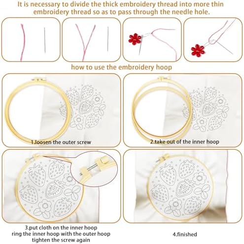 BEUNITONE 4 Set Strawberry Embroidery Kit for Adult Beginners 7.9"x7.9" DIY Stamped Needlepoint Kits with Pre-Printed Designs, Complete Handmade Embroidery Craft for Relaxing Hobby and Home Decor - Image 3