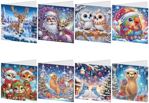 TDFERAN 8 Pack Diamond Art Kits for Adults Christmas Card Blank Cards Blank Greeting Cards Diamond Painting Note Cards with Envelopes Friendship/Anniversary Cards Thanks Cards Santa Claus Deer Owl by TDFERAN