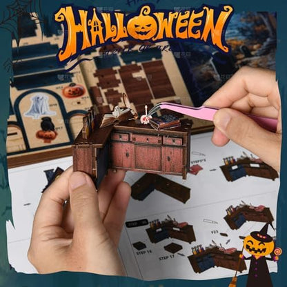 Halloween Book Nook Kit with LED, DIY Miniature House Dollhouse Kit for Adults and Teens, 3D Wooden Puzzle Booknook Tiny House Bookshelf Halloween Decorations, Gift for Family, Friends - Image 3