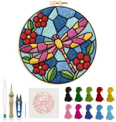 INFUNLY Dragonfly Punch Needle Kits for Adults Beginners Flower Needle Embroidery Starter Kit Colorful DIY Punch Needles Kit with Instruction Needles Fabric for Art Crafts Festival Gift Home Decor by INFUNLY