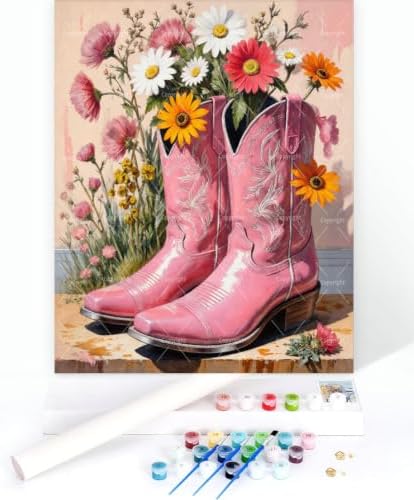 Sceorixa Western Paint By Numbers Kit for Adults - DIY Pink Cowboy Boots with Wildflowers Painting On Canvas, Acrylic Paint Set, Suitable for Beginners, Bedroom Wall Decor Or Gifts(8X12IN Framed) - Image 3