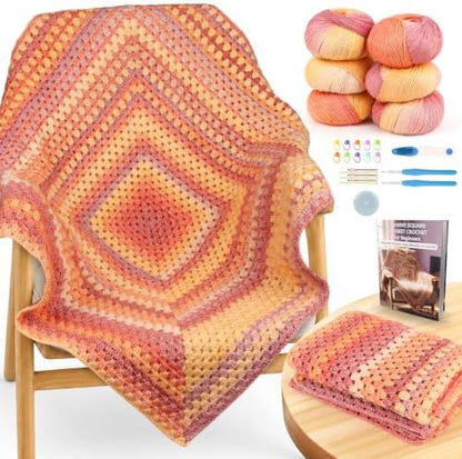 Coopay Crochet Kit for Beginners Adults, Gradient Granny Square Blanket Kit by Coopay