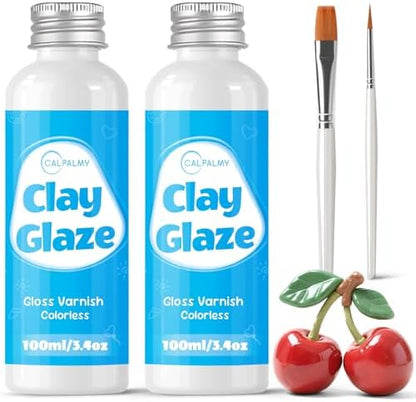 CALPALMY (2-Pack) 100ml Gloss Glaze Varnish Kit for Air Dry Clay Sealer, Waterproof, Gloss Finish - Prevent Cracking and Scratches for Clay, Pottery, Ceramics, Acrylic Paint by CalPalmy