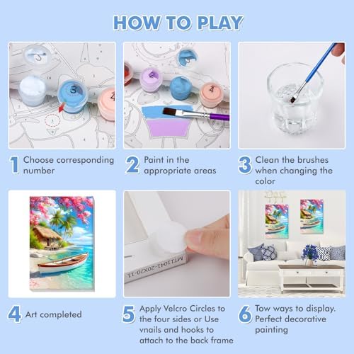 Bowetile Framed Landscape Paint by Numbers Kit for Adults, Adults' Paint-by-Number Kits on Canvas, Painting by Numbers Seaside, Acrylic Boat Number Painting for Home Wall Decor, 8x12in - Image 5
