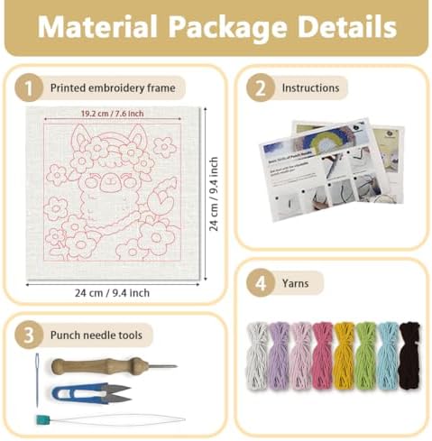 DOODLREAM Flower Alpaca Needle Kit for Beginner, 9.4"x 9.4" Cute Animal Punch Stitching Craft Set, DIY Embroidery Starter with Printed Frame, Instruction, Threader, Yarn, Pinch Needle - Image 2