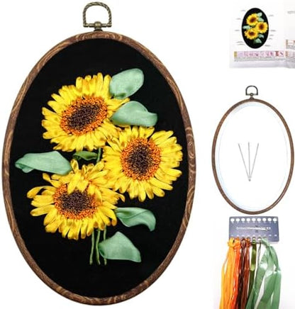 FONNUY Ribbon Embroidery 3D Flowers Pattern Design Kit Embroidery DIY Handwork Set Oval Home Decoration (Sunflower) by FONNUY