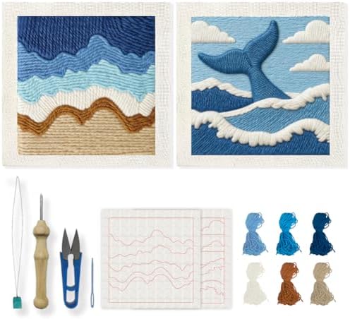 INFUNLY 2 Set Waves Ocean Punch Needle Kit for Beginners Whale Tail Punch Needle Embroidery Kits for Adults 9.4×9.4 Inch DIY Punch-Stitching Kit with Instruction Threader Needles Frame for Wall Decor by INFUNLY