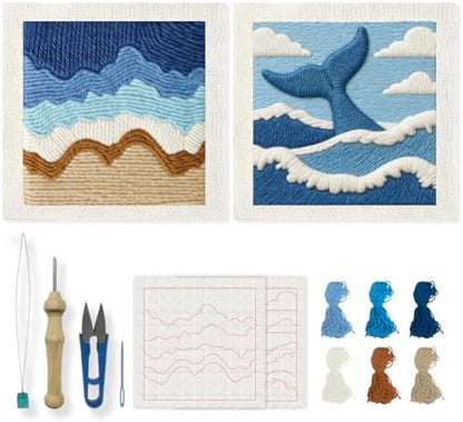 INFUNLY 2 Set Waves Ocean Punch Needle Kit for Beginners Whale Tail Punch Needle Embroidery Kits for Adults 9.4×9.4 Inch DIY Punch-Stitching Kit with Instruction Threader Needles Frame for Wall Decor by INFUNLY