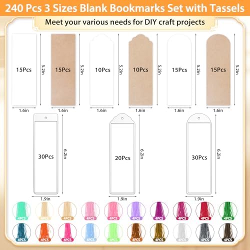 240 Pcs Kraft Paper Blank Bookmarks, 3 Sizes 2 Colors Bookmark Making Kit with 80 Pcs Clear Bookmark Sleeves & 80 Pcs Colorful Tassels, Paper Book Mark Bulk for DIY Crafts, Gift Tags, School Projects - Image 2
