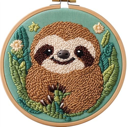 DIY Punch Needle Kits Cute Cartoon Sloth with Hoop 20x20cm-6 by Unknown