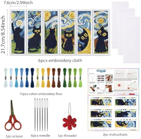 ORIGACH 6 Set Black Cat & Starry Night Cross Stitch Bookmark Kit - Image 2