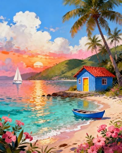MIRCVSH Scenery Paint by Numbers Kit for Adults Beginner,Beach Cottage Landscape Paint by Number Kits on Canvas,DIY Unframed Acrylic Watercolor Painting by Number for Home Decor Gift 16x20 Inch. by MIRCVSH