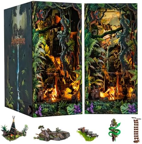 fifijoy Jungle Adventure Book Nook Kit - DIY Miniature Dollhouse Booknook for Adults, 3D Wooden Puzzle Bookend Bookshelf Decor with LED Light and Sound Effects, Creative Gift for Family, Friends by fifijoy