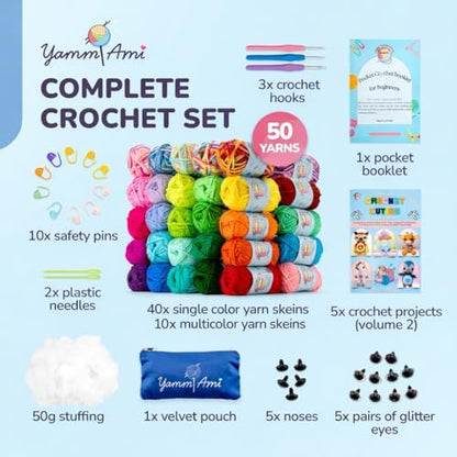 YammiAmi 1,800 Yards Beginner Crochet Kit for Adults – 84 Pc Amigurumi Crochet Kit for Starters with 50 Skeins Yarn, Accessories Set, Ergonomic Hooks, Instruction Book to Learn Crocheting - Image 2
