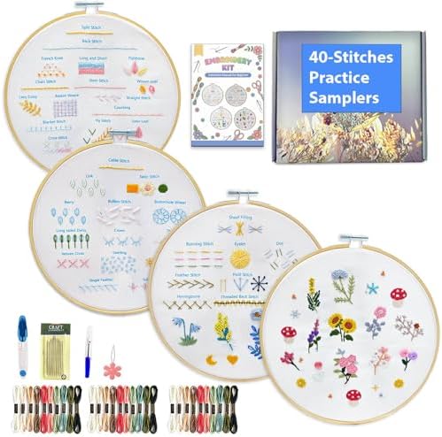Sutesloly Hand Embroidery Kit for Beginners Adults, 4 Sets Learn to Floral Patterns Simple Starter kit for Beginners, Easy Practice Kit, 7.8inch Hoop, DIY Craft Gift for Women, Pink and Blue by Unknown