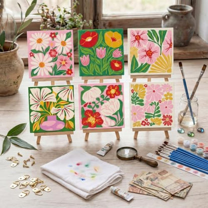 YooNotee 6 Pack Flowers Paint by Numbers Kit on Canvas with Wooden Easels & Brushes, 8x8 Inch Canvas Art Set for Adults DIY Flowers Acrylic Painting for Home Wall Decor - Image 6