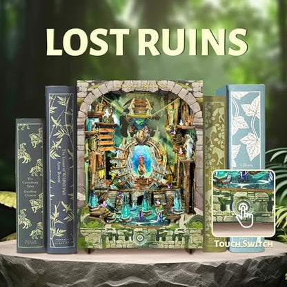 Magic Book Nook Kit with LED Light, 3D Wooden Puzzle, Dollhouse Miniature Booknook Kit Creative Bookend Bookshelf Decor for Adults- Lost Ruins (SQ-30) - Image 2