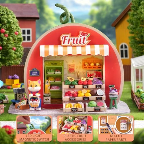 Dollhouse Miniature DIY House Kit,Mini 3D Wooden Doll House Craft Model with LED Creative Room Perfect DIY Gift for Friends, Lovers and Families (Fruit Shop) - Image 3