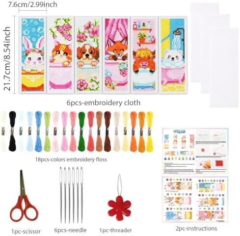 ORIGACH 6 Set Bathtime Animals Cross Stitch Bookmark Kit for Beginner - Image 2