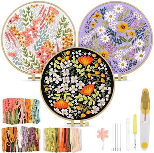 TINDTOP Embroidery Kit for Adult, 3 Pack Embroidery DIY Starter Kit, with Stamped Patterns, Hoop, Tools, Colorful Threads with Needles, Instructions (Bouquet) by TINDTOP