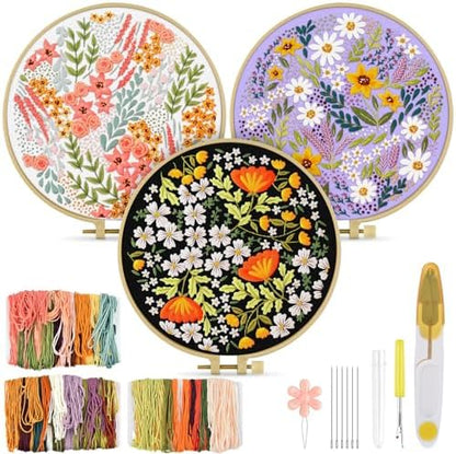 TINDTOP Embroidery Kit for Adult, 3 Pack Embroidery DIY Starter Kit, with Stamped Patterns, Hoop, Tools, Colorful Threads with Needles, Instructions (Bouquet) by TINDTOP