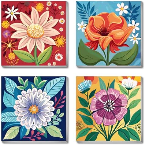 Canrichshop 4 Pack Framed Paint by Numbers Kit for Adults Beginner & All Ages 8-12 and More,Flowers Painting by Numbers, DIY Number Painting for Adults for Decor Present 8X 8 inch by Canrichshop