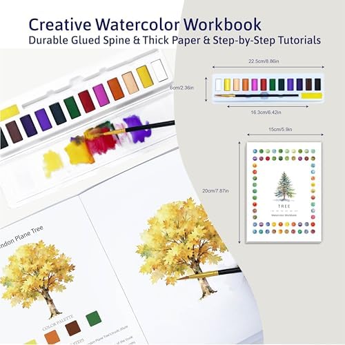 CraftyManor Watercolor Workbook Creative Fruit Water color Paint Book Set with Paints & Brush, 12 Patterns of Original DIY Designs, Beginner-Friendly Adult Coloring Books (Tree) - Image 2