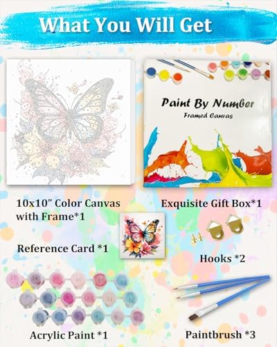TOCARE Framed Paint by Numbers Kit for Adults,Butterfly Paint by Number Framed, Adult Paint by Number Kits on Canvas Framed Flower Butterfly for Home Wall Decor (10x10 Inch, Without Easel) - Image 6