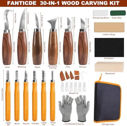 30-in-1 Deluxe Woodworking Tools Set with Leather Case, Wood Carving Kit for Beginners Adults Kids, Includes Basswood Blocks, DIY Craft Gift - Image 2