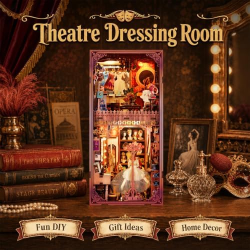 fifijoy Book Nook Kit Theater Dressing Room - DIY Miniature House 3D Wooden Puzzle Bookshelf Insert Decor, Vintage Theater Scene Dollhouse Kit for Adults & Book Lovers (with Yellow Light) - Image 4