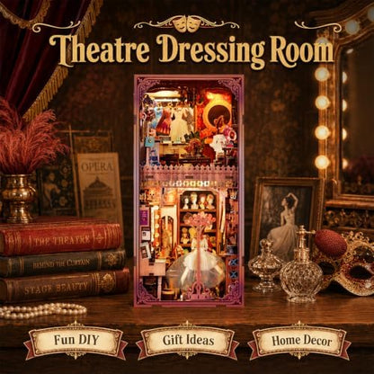 fifijoy DIY Book Nook Kit - DIY Miniature Dollhouse for Adults, 3D Wooden Puzzle Bookend Bookshelf Insert with Yellow Light, Unique Gift for Family and Friends (Theatre Dressing Room) - Image 4