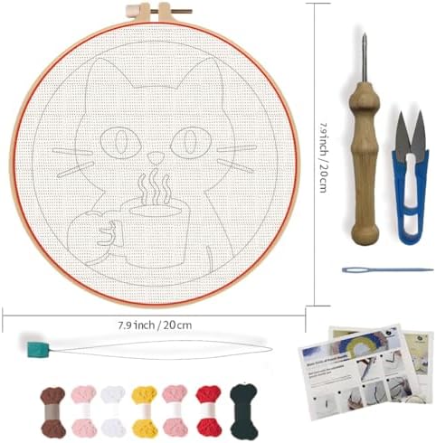 FREEBLOSS DIY Coffee Cat Punch Needle Kit for Beginners Embroidery Punch Needle Starter Craft Set with Instructions Frame Embroidery Kit for Adults Gift Decoration, 7.9"/20cm - Image 2