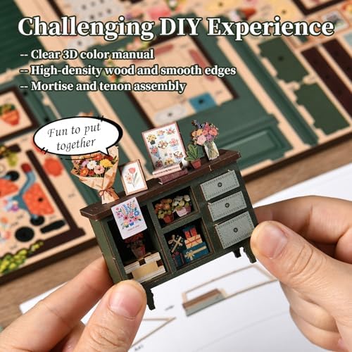 DIY Miniature House Kit for Adults & Teens, Flower Shop Scene Mini House Decor with Touch Switch Light, 3D Wooden Puzzle Gift for Book Lovers & DIY Fans (Aura Verde) - Image 6