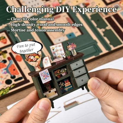 DIY Miniature House Kit for Adults & Teens, Flower Shop Scene Mini House Decor with Touch Switch Light, 3D Wooden Puzzle Gift for Book Lovers & DIY Fans (Aura Verde) - Image 6