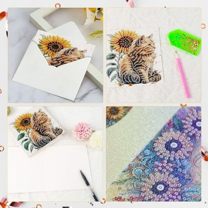AiYuanzsh 6-Pack 5D Diamond Painting Greeting Cards with Envelopes, Cat Sunflower Pattern DIY Crystal Rhinestone Diamond Art Cards, Laser Effect Postcards for Birthday, Thank You, and Gift Giving - Image 4