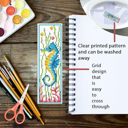 ORIGACH 6 Set Marine Animals Cross Stitch Bookmark Kit for Beginner with Backing Felt Floss Instructions DIY Stamped Embroidery Bookmark Kit for Adults, Book Lovers - Image 3