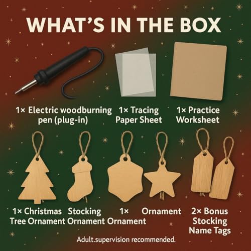 Holiday Woodburning Kit – Ornament Edition (Electric Woodburning Pen + 6 Birch Wood Blanks, Tips, Tracing & Practice Paper – DIY Christmas Ornaments for Kids & Adults – Pyrography Complete Starter Set - Image 2