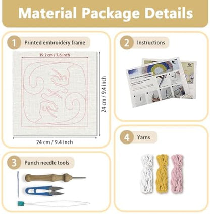 DOODLREAM Hug Cats Punch Needle Kit for Beginner, 9.4"x9.4" Cute Animal Punch Stitching Craft Set, DIY Embroidery Starter with Printed Frame, Instruction, Threader, Yarn, Pinch Needle - Image 2
