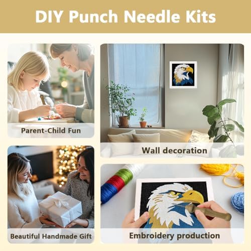 Doodlream Bald Eagle Needle Kit for Beginner, 9.4"x 9.4" Majestic Bird Punch Stitching Craft Set, Color DIY Embroidery Starter with Printed Frame, Instruction, Threader, Yarn, Pinch Needle - Image 4