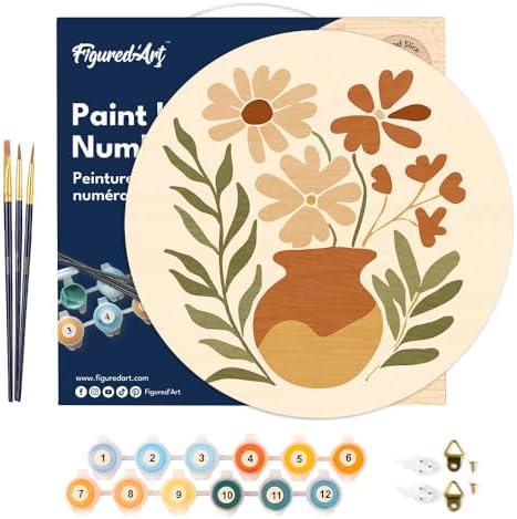 Figured'Art Paint by Numbers Kit for Adults on Wood Slice, 11.8in Diameter - Pot of Flowers - Craft Art Painting DIY Canvas - Image 7